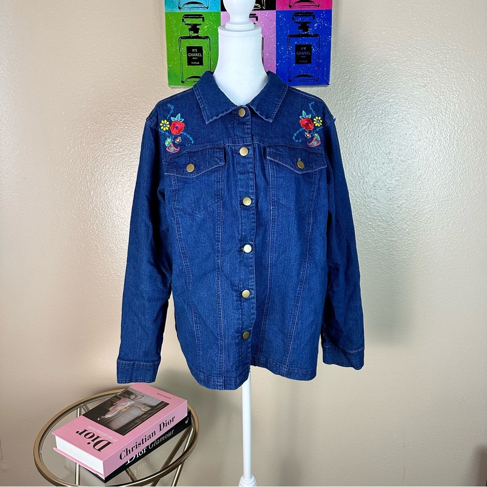 Blair Embroidered Denim Jacket Button Up Blue Weekend Retro Large
